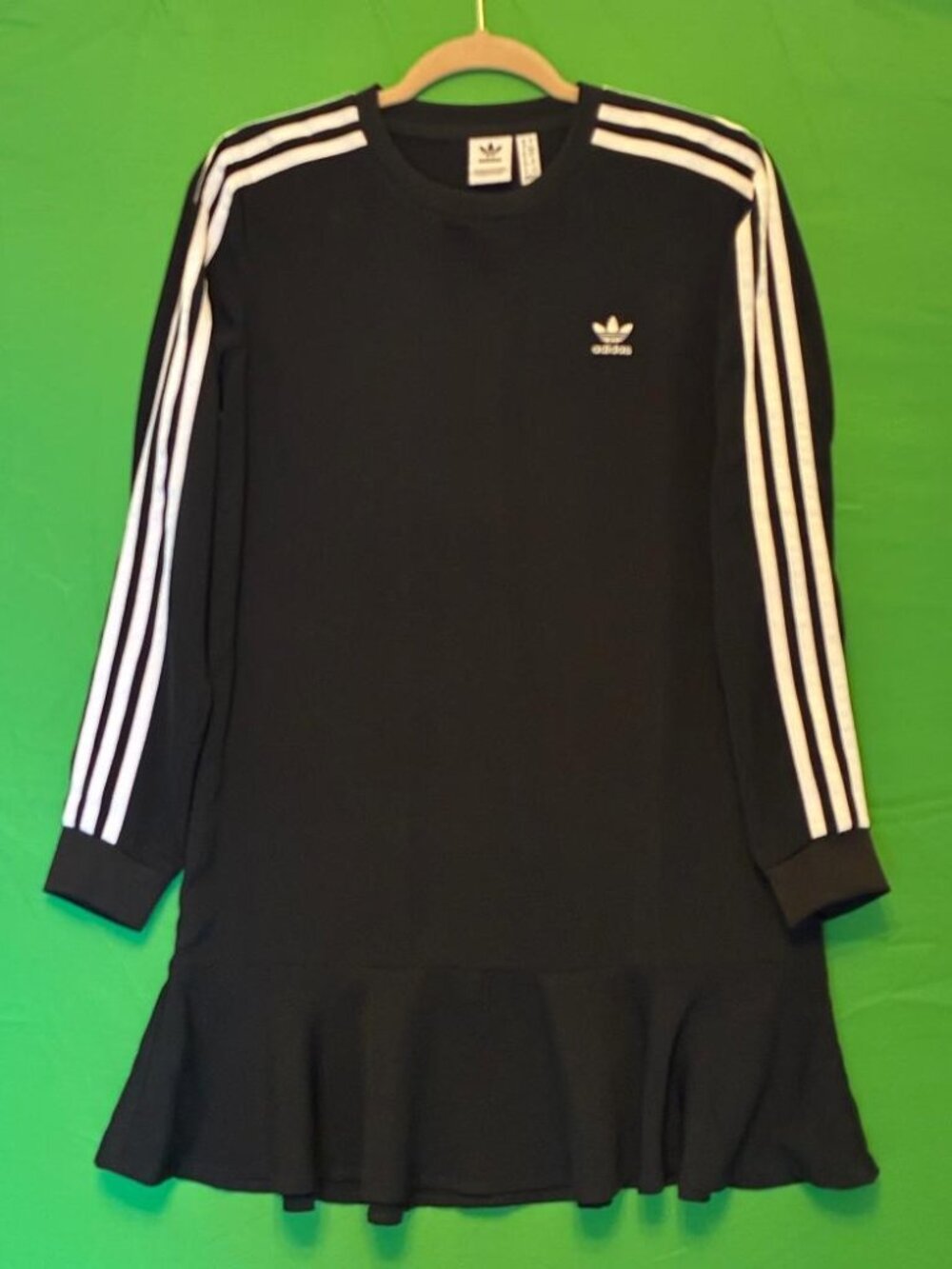 *EUC* ADIDAS Originals Womens Dress sz S Black 3-Stripe Long Sleeve Ruffle Hem T